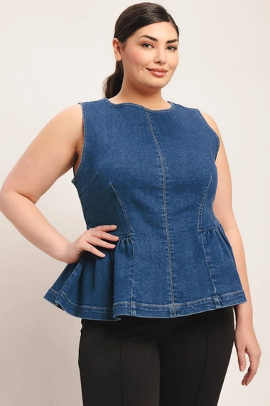 FLYING TOMATO Plus Size Peplum Washed Denim Top - Medium Indigo