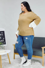 Davi & Dani Plus - Contrast Cuff Ribbed Knit Scoop Neck Sweater