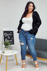 Davi & Dani Plus - Pearl Embellished Open Front Sweater Cardigan - Black
