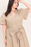Flying Tomato Plus Size Self Sash Tie Contrasting Woven Midi Dress - Taupe