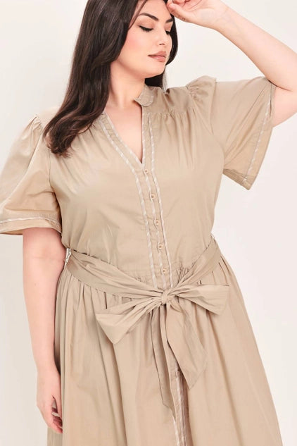 Flying Tomato Plus Size Self Sash Tie Contrasting Woven Midi Dress - Taupe