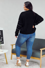 Davi & Dani Plus - Pearl Embellished Open Front Sweater Cardigan - Black