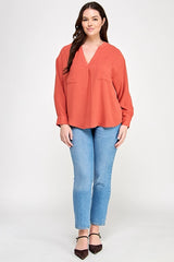 Haute Fox Plus Size V-Neck Back Button Down Long Sleeve Top