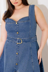 Flying Tomato Plus Size Washed Sweetheart Denim Midi Dress - Denim Blue