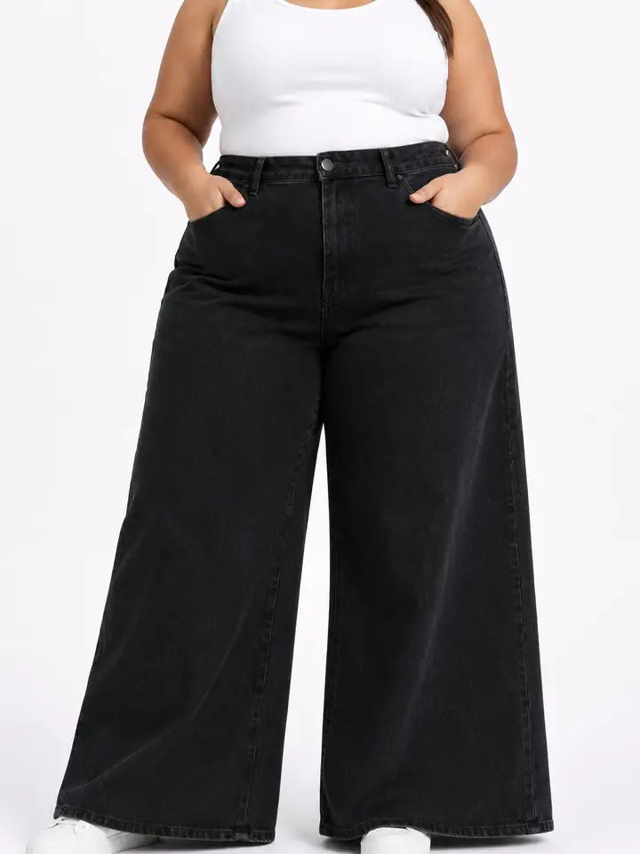 D.ROCK Plus Size High Waist Baggy Jeans Wide Leg - Dark Wash