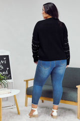 Davi & Dani Plus - Pearl Embellished Open Front Sweater Cardigan - Black