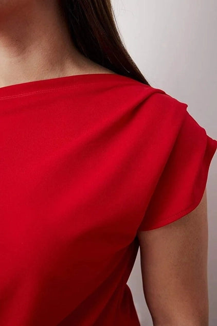 WOJCOR Plus Size Draped Detail Asymmetrical Collar Knitted Blouse