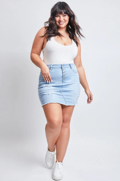 YMI Plus Exposed Button Fray Hem Skirt - Light Blue
