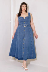 Flying Tomato Plus Size Washed Sweetheart Denim Midi Dress - Denim Blue