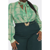 DORCAS Plus Front Necktie Long Sleeve Gold Belt Jumpsuit