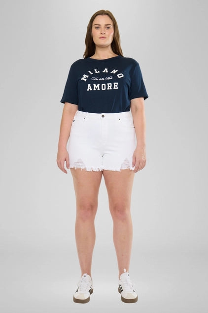Kan Can USA Plus High Rise Distressed SHORTS - White