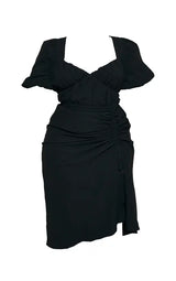 PrettyLittleThing Plus Puff Sleeve Ruched Split Side Midi Dress - Black