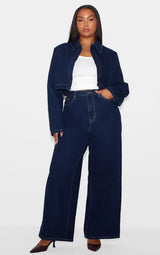 PrettyLittleThing Plus Contrast Stitch Wide Leg Jeans - Indigo