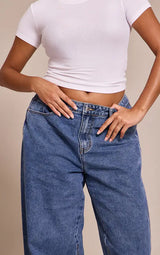 PrettyLittleThing Plus Seam Detail Relaxed Wide Leg Jeans - Mid Blue Wash