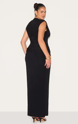 PrettyLittleThing Plus Double Layer Plunge Ruched Shoulder Drape Waist Maxi Dress - Black
