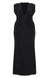 PrettyLittleThing Plus Double Layer Plunge Ruched Shoulder Drape Waist Maxi Dress - Black