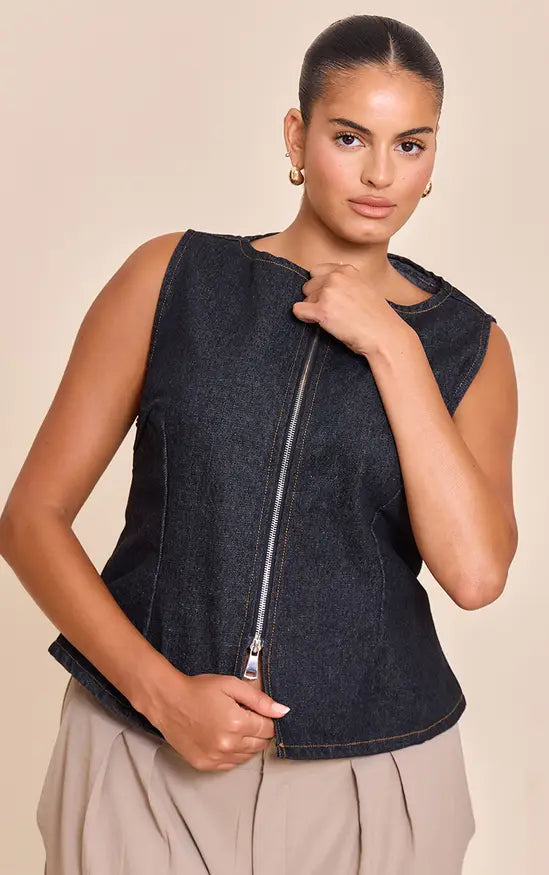 PrettyLittleThing Plus Raw Indigo Wash Zip Detail Sleeveless Denim Top - Raw Indigo Wash