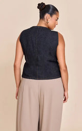 PrettyLittleThing Plus Raw Indigo Wash Zip Detail Sleeveless Denim Top - Raw Indigo Wash