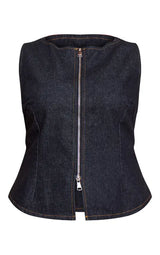 PrettyLittleThing Plus Raw Indigo Wash Zip Detail Sleeveless Denim Top - Raw Indigo Wash