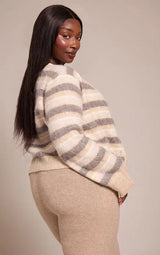 PrettyLittleThing Plus Beige Striped Brushed V Neck Covered Button Knitted Cardigan - Beige
