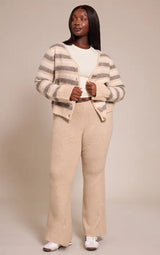 PrettyLittleThing Plus Beige Striped Brushed V Neck Covered Button Knitted Cardigan - Beige