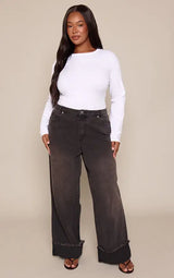 PrettyLittleThing Plus Washed Black Turn Up Wide Leg Jeans - Washed Black