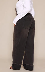 PrettyLittleThing Plus Washed Black Turn Up Wide Leg Jeans - Washed Black