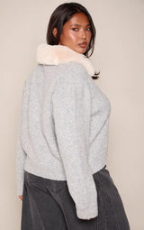 PrettyLittleThing Plus Grey Faux Fur Collar Button Down Cropped Cardigan -Grey