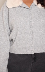 PrettyLittleThing Plus Grey Faux Fur Collar Button Down Cropped Cardigan -Grey