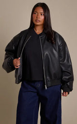 PrettyLittleThing Plus Shoulder Padded Rib Collar PU Jacket - Black