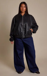 PrettyLittleThing Plus Shoulder Padded Rib Collar PU Jacket - Black