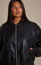 PrettyLittleThing Plus Shoulder Padded Rib Collar PU Jacket - Black