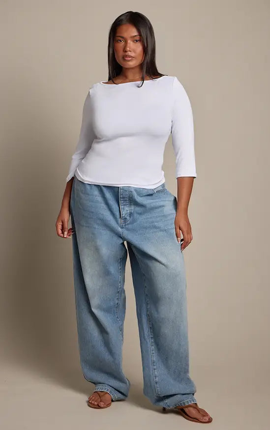 PrettyLittleThing Plus Mid Blue Wash High Waist Boyfriend Jeans - Mid Blue Wash