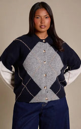 PrettyLittleThing Plus Argyle Button Down Knitted Cardigan - Navy