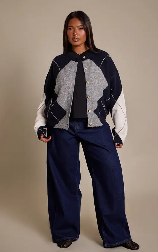 PrettyLittleThing Plus Argyle Button Down Knitted Cardigan - Navy