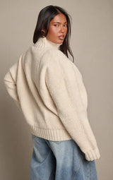 PrettyLittleThing Plus Cream Funnel Neck Concealed Placket Boucle Zip Up Jumper - Cream
