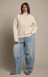 PrettyLittleThing Plus Cream Funnel Neck Concealed Placket Boucle Zip Up Jumper - Cream