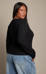 PrettyLittleThing Plus Black Soft Rib Square Neck Long Sleeve Top - Black