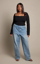 PrettyLittleThing Plus Black Soft Rib Square Neck Long Sleeve Top - Black