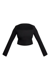 PrettyLittleThing Plus Black Soft Rib Square Neck Long Sleeve Top - Black