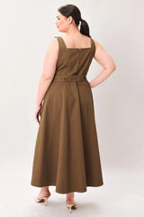 Flying Tomato Plus Size Straight Neckline Solid Woven Midi Dress - Brown
