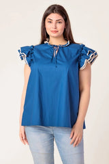 FLYING TOMATO Plus Size Front Tie Solid Woven Top - Navy Ivory