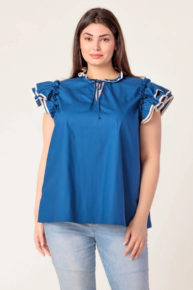 FLYING TOMATO Plus Size Front Tie Solid Woven Top - Navy Ivory