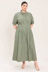 Flying Tomato Plus Size Collar Solid Woven Midi Dress - Olive