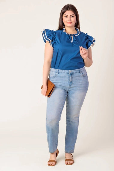 FLYING TOMATO Plus Size Front Tie Solid Woven Top - Navy Ivory