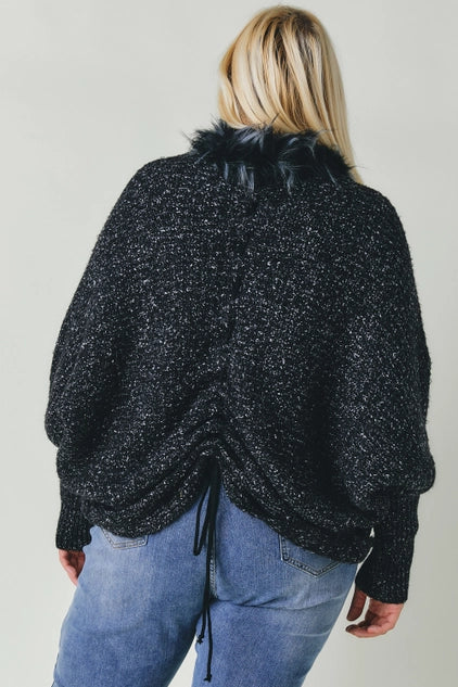 Davi & Dani Plus - Marled Knit Cardigan with Faux Fur Trim Collar - Black