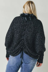 Davi & Dani Plus - Marled Knit Cardigan with Faux Fur Trim Collar - Black