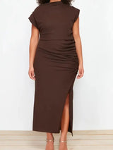 WOJCOR Plus Size Midi Knit Dress with Gathering Detail - Brown