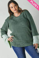 Davi & Dani Plus - Contrast Cuff Ribbed Knit Scoop Neck Sweater