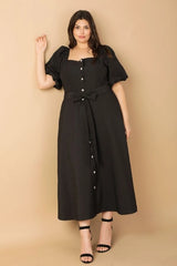Flying Tomato Plus Size Square Neckline Textured Woven Midi Dress - Black